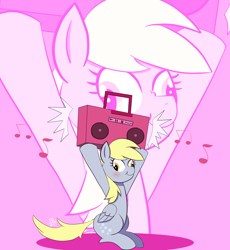 Size: 1496x1624 | Tagged: safe, artist:feralroku, character:derpy hooves, species:pegasus, species:pony, blushing, boom box, female, music notes, sitting, solo, zoom layer