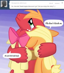 Size: 500x574 | Tagged: safe, artist:redhotkick, character:apple bloom, character:applejack, character:big mcintosh, species:earth pony, species:pony, fanfic:sweet apple massacre, ask big red macintosh, crying, fanfic, fanfic art, hug, male, reaction, reaction to own portrayal, stallion