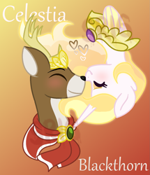 Size: 1049x1221 | Tagged: safe, artist:superrosey16, character:blackthorn, character:princess celestia, species:deer, species:pony, alternate hairstyle, celesthorn, female, interspecies, male, shipping, straight