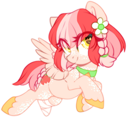 Size: 900x834 | Tagged: safe, artist:cabbage-arts, oc, oc:baby cakes, species:pegasus, species:pony, amputee, braid, female, flower, flying, looking at you, mare, smiling, solo