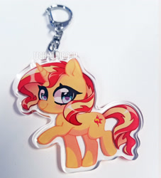 Size: 3024x3326 | Tagged: safe, artist:techycutie, character:sunset shimmer, species:pony, species:unicorn, my little pony:equestria girls, chibi, fan made, female, irl, keychain, mare, photo, raised hoof, smiling, solo