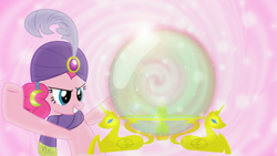 Size: 1600x900 | Tagged: safe, artist:afkrobot, artist:mahaugher, artist:sailortrekkie92, character:pinkie pie, species:earth pony, species:pony, crystal ball, female, madame pinkie, mare, mystical orb of fate's destiny, pink background, simple background, solo, wallpaper