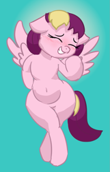 Size: 611x946 | Tagged: safe, artist:comfyplum, oc, oc:comfy plum, species:pegasus, species:pony, belly, blushing, chubby, embarrassed, eyes closed, female, flattered, happy, mare, smiling, solo, spread wings, wide hips, wings