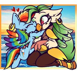 Size: 542x499 | Tagged: safe, artist:esmeia, character:captain celaeno, character:rainbow dash, species:pegasus, species:pony, ship:celaenodash, my little pony: the movie (2017), cute, dashabetes, ear piercing, earring, eyes closed, eyeshadow, female, heart, hug, jewelry, lesbian, makeup, mare, open mouth, piercing, shipping, smiling