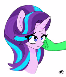 Size: 3600x4200 | Tagged: safe, artist:brekrofmadness, character:starlight glimmer, oc, oc:anon, species:pony, species:unicorn, :3, bust, female, mare, offscreen character, portrait, simple background, smiling, solo, starlight glimmer day, white background