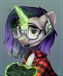 Size: 2145x2551 | Tagged: safe, artist:trickate, oc, oc only, oc:moonsonat, species:pony, species:unicorn, chest fluff, clothing, commission, controller, female, gamer, glasses, headset, high res, levitation, looking at you, magic, mare, smiling, solo, telekinesis
