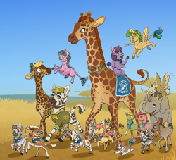 Size: 3200x2900 | Tagged: safe, artist:jackiebloom, character:zecora, oc, species:diamond dog, species:dog, species:pony, species:sphinx, species:zebra, species:zony, clothing, diamond puppy, diversity, elephant, female, filly, giraffe, hybrid, non-pony oc, scarf, wildebeest, younger, zebrasus