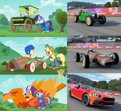 Size: 750x688 | Tagged: safe, artist:forzaveteranenigma, edit, edited screencap, screencap, character:apple bloom, character:applejack, character:rainbow dash, character:rarity, character:scootaloo, character:sweetie belle, species:pegasus, species:pony, fanfic:equestria motorsports, episode:friendship is magic, episode:the cart before the ponies, g4, my little pony: friendship is magic, abarth, abarth 124 spider, belgium, bugatti, bugatti type 35, car, circuit de spa francorchamps, collage, derby racers, driving, eagle-weslake, eagle-weslake t1g, eau rouge, europe, fiat, fiat 124 spider, fiata, forza motorsport 7, livery, lucas oil applewood derby, photo, racing, read description, watermark