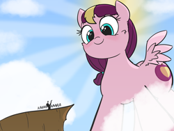 Size: 1600x1200 | Tagged: safe, artist:comfyplum, oc, oc:comfy plum, species:pony, blushing, cheek fluff, cliff, cloud, crepuscular rays, cute, giant pony, looking down, low angle, macro, micro, size difference, smiling, sun, wings