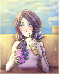 Size: 1600x2000 | Tagged: safe, artist:zefirka, character:rarity, species:human, alternate hairstyle, bare shoulders, clothing, drink, drinking, female, hair accessory, humanized, lens flare, multicolored hair, off shoulder, phone, solo