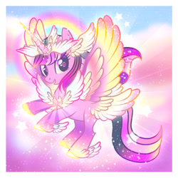 Size: 948x949 | Tagged: safe, artist:conphettey, character:twilight sparkle, character:twilight sparkle (alicorn), species:alicorn, species:pony, butt wings, chest wings, female, goddess, horn wings, i can't believe it's not hasbro studios, implied pinkie pie, multiple wings, rainbow, smiling, solo, sparkles, this isn't even my final form, wing ears, winged hooves, xk-class end-of-the-world scenario