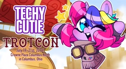 Size: 2048x1126 | Tagged: safe, artist:techycutie, oc, oc:techy twinkle, species:pony, species:unicorn, advertisement, artist alley, chibi, clothing, convention, cute, goggles, jacket, scarf, solo, stars, trotcon, wings