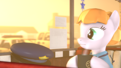 Size: 1920x1080 | Tagged: safe, artist:spinostud, character:copper top, species:pony, 3d, clothing, coffee, coffee mug, female, hat, mare, mug, police, police car, police officer, police pony, police uniform, solo, source filmmaker