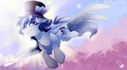 Size: 4500x2480 | Tagged: safe, artist:dormin-dim, oc, oc only, species:pegasus, species:pony, clothing, commission, flying, hat, male, smiling, smirk, solo, top hat