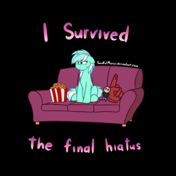 Size: 1200x1200 | Tagged: safe, artist:soulfulmirror, character:lyra heartstrings, species:pony, bittersweet, black background, couch, doll, end of g4, end of ponies, female, foam finger, food, hiatus, humie, my little human, popcorn, simple background, solo, teary eyes, toy