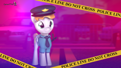 Size: 1920x1080 | Tagged: safe, artist:spinostud, character:copper top, species:pony, 3d, baton, city, clothing, female, hat, looking at you, mare, police, police car, police line, police officer, police pony, police uniform, road, roadblock, solo, source filmmaker, standing, uniform