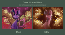Size: 2960x1600 | Tagged: safe, artist:my-magic-dream, character:twilight sparkle, character:twilight sparkle (unicorn), species:pony, species:unicorn, book, comparison, draw this again, female, firefly, japanese, redraw, solo