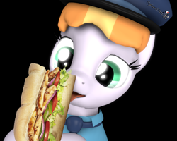 Size: 1350x1080 | Tagged: safe, artist:spinostud, character:copper top, species:pony, 3d, clothing, female, food, hat, licking, mare, police, police officer, police pony, sandwich, solo, source filmmaker, tongue out
