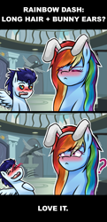 Size: 933x1920 | Tagged: safe, artist:sapphireartemis, character:rainbow dash, character:soarin', species:pegasus, species:pony, ship:soarindash, alternate hairstyle, blood, blushing, bunny ears, comic, female, male, nosebleed, shipping, straight
