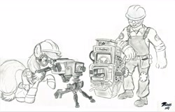 Size: 3500x2248 | Tagged: safe, artist:brekrofmadness, character:applejack, species:pony, engiejack, engineer, monochrome, mouth hold, team fortress 2, traditional art