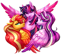 Size: 1000x896 | Tagged: safe, artist:cabbage-arts, character:starlight glimmer, character:sunset shimmer, character:twilight sparkle, character:twilight sparkle (alicorn), species:alicorn, species:pony, alicornified, best friends, bust, colored wings, eye clipping through hair, female, gradient wings, magical trio, race swap, shimmercorn, signature, simple background, smiling, sparkles, spread wings, starlicorn, transparent background, trio, trio female, wing fluff, wings, xk-class end-of-the-world scenario