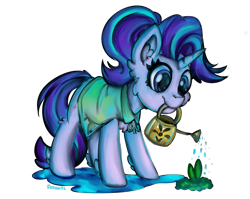 Size: 929x740 | Tagged: safe, artist:deraniel, character:starlight glimmer, species:pony, species:unicorn, cheek fluff, chest fluff, clothing, cute, ear fluff, female, gardening, glimmerbetes, leg fluff, mare, mouth hold, plant, simple background, solo, transparent background, watering can