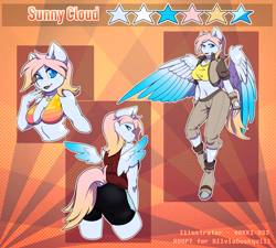 Size: 1334x1200 | Tagged: safe, artist:hakkids2, oc, oc only, oc:sunny cloud, species:anthro, species:pegasus, species:pony, species:unguligrade anthro, anthro oc, belly button, bikini, bikini top, clothing, markings, midriff, reference sheet, shorts, solo, swimsuit
