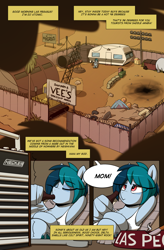 Size: 1080x1649 | Tagged: safe, artist:alittleofsomething, artist:shinodage, oc, oc only, oc:delta vee, species:pegasus, species:pony, comic:delta vee's junkyard, armpits, bottle, chest fluff, cigarette, clothing, comic, delta vee's junkyard, dialogue, drinking, eyes closed, female, implied apogee, mare, nirvana, offscreen character, smells like teen spirit, solo, speech bubble, tank top, wing hands