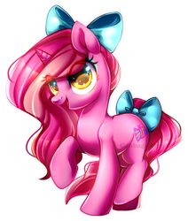 Size: 600x709 | Tagged: safe, artist:cabbage-arts, oc, oc only, oc:candy heart, species:pony, species:unicorn, bow, female, hair bow, mare, simple background, solo, tail bow, transparent background, watermark