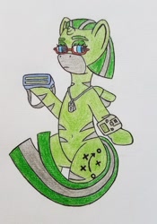 Size: 742x1057 | Tagged: safe, artist:dice-warwick, oc, oc:temboril tablature, species:pony, fallout equestria, dog tags, fallout equestria: dance of the orthrus, fanfic art, glasses, goggles, mirage pony, original species, pipbuck, pipbuck (orthrus), small horn, small wings, solo, stripes