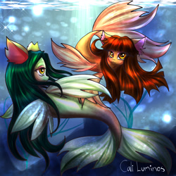 Size: 2048x2048 | Tagged: safe, artist:cali luminos, oc, oc:lenna, species:pony, species:seapony (g4), beautiful, couple, crepuscular rays, cute, fin wings, fish, fish tail, flowing mane, looking at each other, seaponified, signature, sparkles, species swap, sunlight, underwater, water, wings