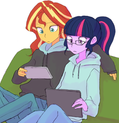 Size: 2242x2322 | Tagged: safe, artist:haibaratomoe, character:sunset shimmer, character:twilight sparkle, character:twilight sparkle (scitwi), species:eqg human, my little pony:equestria girls, clothing, couch, duo, female, glasses, hoodie, pants, simple background, sweater, white background