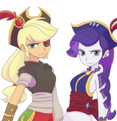 Size: 1500x1552 | Tagged: safe, artist:haibaratomoe, character:applejack, character:rarity, ship:rarijack, my little pony: the movie (2017), my little pony:equestria girls, clothing, cute, ear piercing, earring, eyepatch, female, hat, index get, jackabetes, jewelry, lesbian, looking at you, palindrome get, piercing, pirate, pirate applejack, pirate hat, pirate rarity, raribetes, shipping