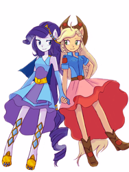 Size: 1500x2000 | Tagged: safe, artist:haibaratomoe, character:applejack, character:rarity, ship:rarijack, equestria girls:rollercoaster of friendship, g4, my little pony: equestria girls, my little pony:equestria girls, clothing, cute, dress, female, holding hands, jackabetes, lesbian, looking at each other, ponied up, pony ears, raribetes, shipping, super ponied up