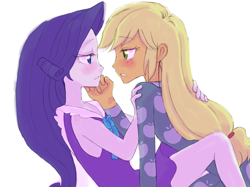 Size: 2048x1535 | Tagged: safe, artist:haibaratomoe, character:applejack, character:rarity, ship:rarijack, my little pony:equestria girls, blushing, clothing, cute, eye contact, female, imminent kissing, jackabetes, lesbian, looking at each other, love, pajamas, raribetes, shipping, simple background, white background