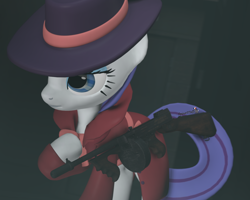 Size: 1350x1080 | Tagged: safe, artist:spinostud, character:rarity, species:pony, 3d, clothing, detective rarity, female, gun, hat, mare, solo, source filmmaker, submachinegun, thompson, weapon