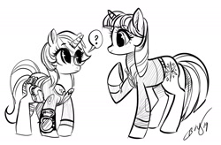 Size: 1984x1301 | Tagged: safe, artist:opalacorn, character:doctor whooves, character:time turner, character:twilight sparkle, character:twilight sparkle (unicorn), oc, oc:littlepip, species:pony, species:unicorn, fallout equestria, black and white, clothing, fanfic, fanfic art, female, grayscale, hooves, horn, mare, ministry mares, monochrome, pipbuck, simple background, sketch, vault suit, white background