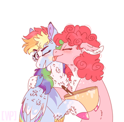 Size: 1440x1412 | Tagged: safe, artist:wanderingpegasus, character:pinkie pie, character:rainbow dash, species:earth pony, species:pegasus, species:pony, ship:pinkiedash, episode:secrets and pies, g4, my little pony: friendship is magic, bowl, chest fluff, cute, ear fluff, female, good end, lesbian, licking, mare, mixing bowl, shipping, tongue out, wing fluff