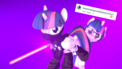 Size: 1920x1080 | Tagged: safe, artist:spinostud, character:twilight sparkle, character:twilight sparkle (alicorn), character:twilight sparkle (scitwi), species:alicorn, species:pony, 3d, clothing, crossover, glasses, jedi, lab coat, lightsaber, request, science, science fiction, scitwilicorn, source filmmaker, star wars, weapon