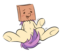 Size: 2000x1650 | Tagged: safe, artist:fakskis, oc, oc only, oc:paper bag, species:pony, belly button, blushing, chest fluff, cute, female, ocbetes, open mouth, paper bag, pubic fluff, simple background, sitting, solo, strategically covered, tail censor, tongue out, underhoof, waving, weapons-grade cute, white background