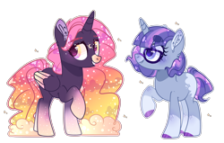 Size: 4806x3054 | Tagged: safe, artist:jxst-alexa, base used, oc, oc only, parent:moondancer, parent:princess luna, parent:sunset shimmer, parents:lunadancer, parents:lunashimmer, species:alicorn, species:pony, species:unicorn, alicorn oc, colored hooves, colored wings, ethereal mane, female, galaxy mane, glasses, gradient hooves, gradient wings, half-siblings, heart eyes, magical lesbian spawn, mare, offspring, simple background, starry wings, transparent background, two toned wings, wingding eyes