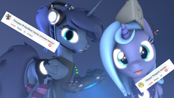 Size: 1920x1080 | Tagged: safe, artist:spinostud, character:princess luna, species:alicorn, species:pony, gamer luna, 3d, clothing, controller, female, filly, headset, hoodie, looking at you, mare, request, socks, source filmmaker, woona, younger
