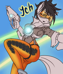 Size: 1200x1400 | Tagged: safe, artist:derpifecalus, species:anthro, auction, commission, fanart, female, overwatch, sketch, tail, tracer, weapon, your character here
