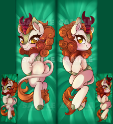 Size: 604x665 | Tagged: safe, artist:techycutie, character:autumn blaze, species:kirin, species:pony, episode:sounds of silence, g4, my little pony: friendship is magic, awwtumn blaze, bedsheets, blushing, body pillow, body pillow design, cute, female, kirinbetes, looking at you, lying down, lying on bed, on side, plot, smiling, solo, watermark