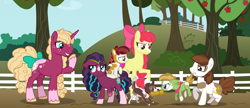Size: 4609x2000 | Tagged: safe, artist:jackiebloom, character:apple bloom, character:pipsqueak, oc, oc:ambrosia apple, oc:cameo cultivar, oc:maria ann smith, oc:winona iv, oc:zap apple, parent:apple bloom, parent:applejack, parent:big macintosh, parent:coloratura, parent:pipsqueak, parent:sugar belle, parents:pipbloom, parents:rarajack, parents:sugarmac, species:earth pony, species:pony, species:unicorn, amputee, bow, colt, female, magical lesbian spawn, male, mare, mouth hold, offspring, older, prosthetic limb, prosthetics, tail bow