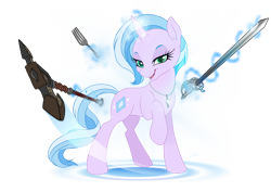 Size: 1024x725 | Tagged: safe, artist:dormin-dim, oc, oc only, oc:diamond dust, species:pony, species:unicorn, axe, battle axe, commission, diamond, evil grin, fork, grin, jewelry, looking at you, magic, necklace, pink, rapier, smiling, sword, telekinesis, two toned mane, weapon