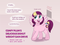 Size: 4000x3000 | Tagged: safe, artist:comfyplum, part of a set, oc, oc:comfy plum, species:pegasus, species:pony, series:comfy plum's delicious donut drive, chest fluff, female, hooves together, incentive drive, ko-fi, mare, open mouth, smiling, weight gain comic, weight gain sequence, wings