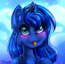 Size: 565x556 | Tagged: safe, artist:deraniel, character:princess luna, species:pony, blep, blushing, bust, cute, female, lunabetes, portrait, solo, starry background, tongue out