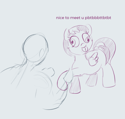 Size: 2232x2126 | Tagged: safe, artist:comfyplum, oc, oc:anon, oc:comfy plum, species:human, species:pegasus, species:pony, abstract background, blep, derp, dialogue, female, greeting, male, mare, meme, ponified animal photo, raspberry, silly, silly pony, sketch, special eyes, tongue out, wip