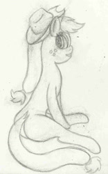 Size: 803x1287 | Tagged: safe, artist:mfg637, character:applejack, species:pony, female, looking at you, simple background, sitting, sketch, solo, traditional art